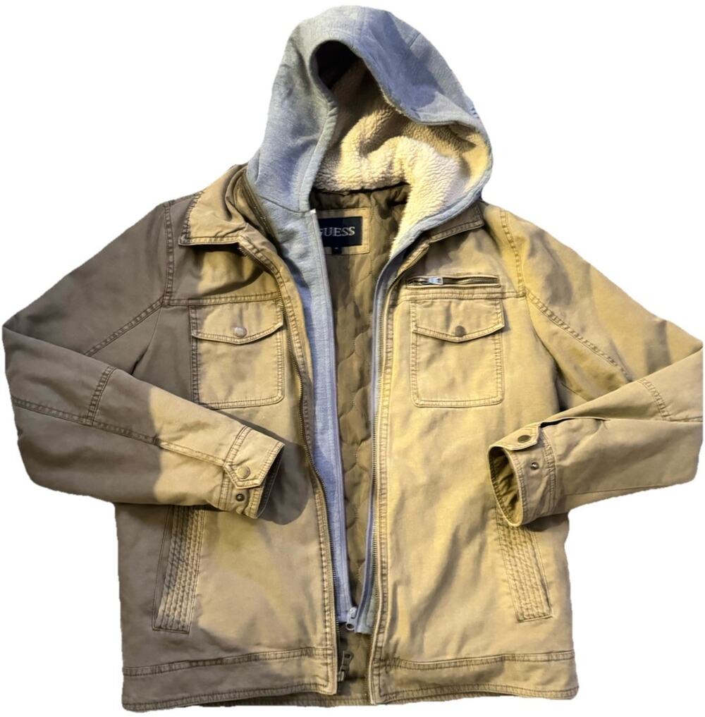 VTG GUESS Men's M Tan/Gray Hooded Lined Cotton Jacket - Hoodie Zip Button